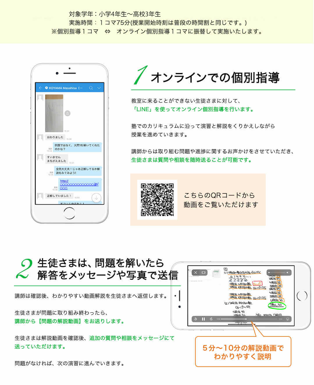 1 オンラインでの個別指導 2 生徒さまは、問題を解いたら解答をメッセージや写真で送信