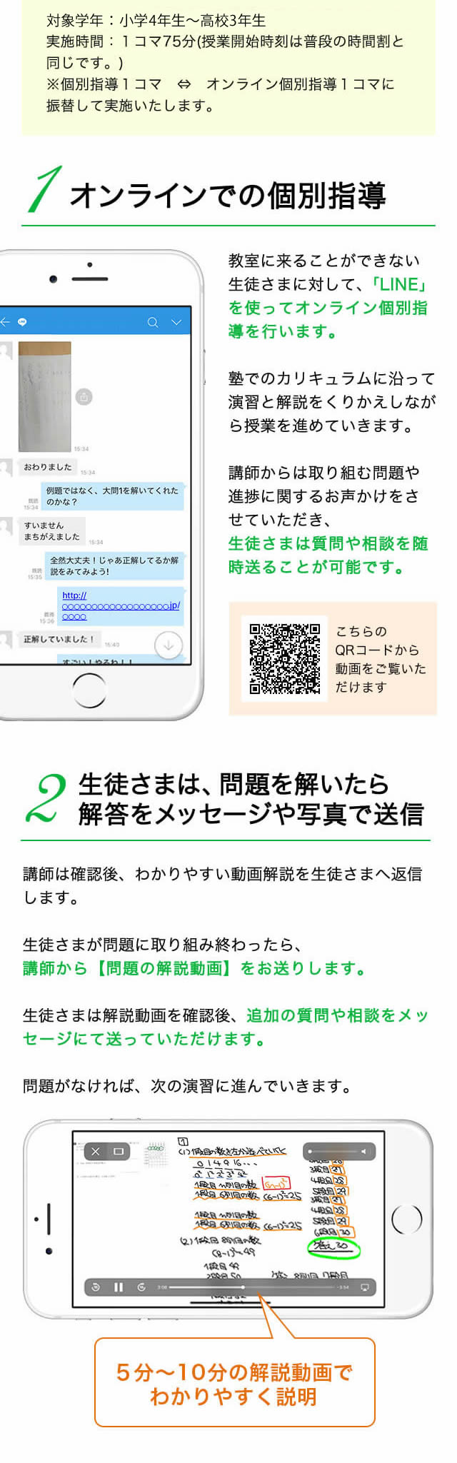 1 オンラインでの個別指導 2 生徒さまは、問題を解いたら解答をメッセージや写真で送信